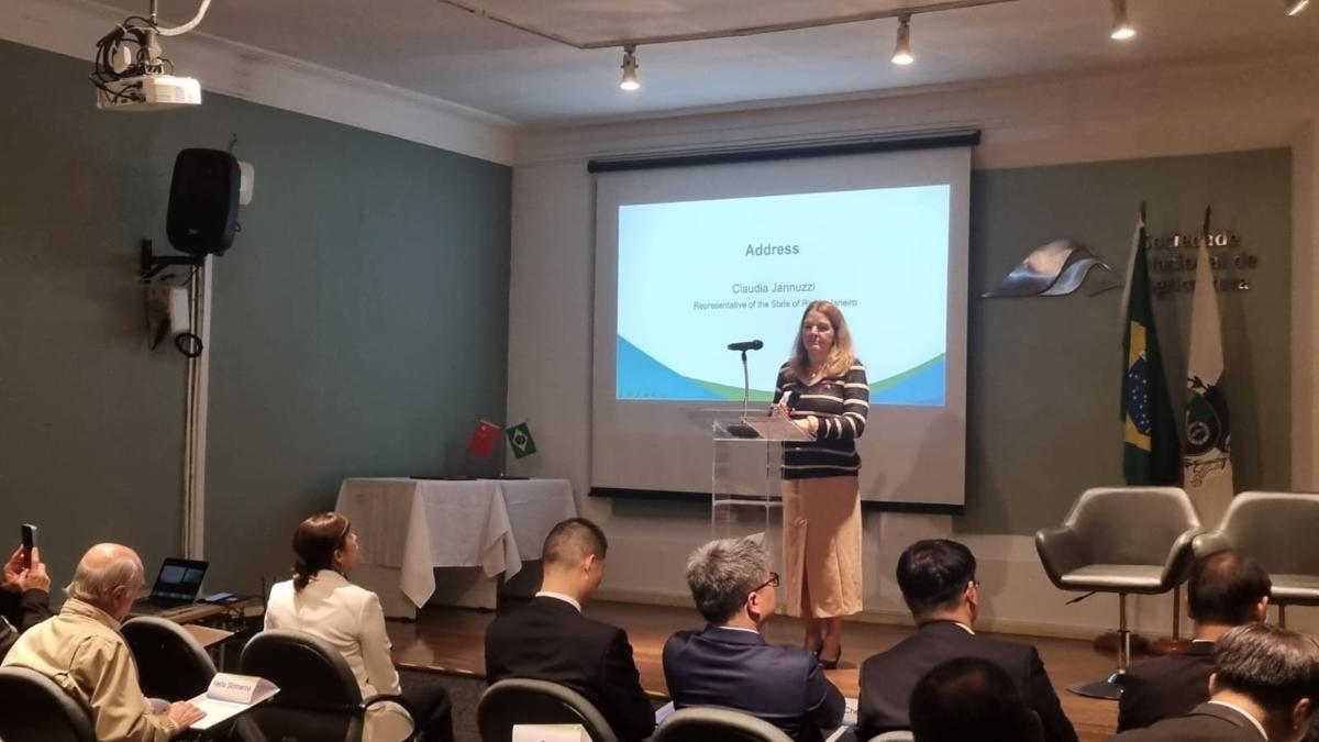 Cláudia Jannuzzi falando no encontro de promoção do Beijing Green Development Forum no Brasil.